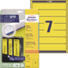 Gelbe Ordnerrückenetiketten mit Nummer 7, verpackt mit Etikettenbogen und Produktinformation.