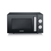 Schwarze SEVERIN Mikrowelle mit zwei Drehknöpfen und Sichtfenster, Frontansicht ohne Zubehör.