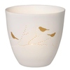 Windlicht aus dünnem Porzellan mit goldenen Vögeln und durchbrochenem Muster.