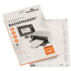 Verpackung des Einsteckschilder BADGEMAKER® mit Druckbogen und Beschriftungssoftware-Hinweis.
