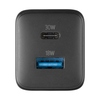 Ladegerät mit zwei Ports, einem USB-C (30W) und einem USB-A (18W), schwarze rechteckige Form.