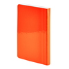 Neonorangefarbenes Notizbuch mit glänzendem Cover und abgerundeten Ecken.