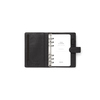Schwarzer, genarbter Filofax-Organizer mit geöffnetem Einband und leeren Notizseiten.