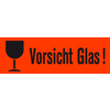 Hinweisetikett 'Vorsicht Glas!' mit Glas-Symbol auf orangefarbener Hintergrundfläche.
