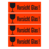 Orangene Hinweisetiketten mit schwarzem Glas-Symbol und dem Text "Vorsicht Glas!"