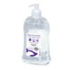Flasche mit transparenter Waschlotion, 500 ml, mit Pumpspender und sensitivem Etikett.