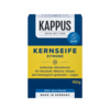 Gelbe Seifendose mit blauer Schrift, beschriftet als "Kernseife Zitrone", 150 g.
