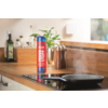 Feuerlöschspray auf einer Küchenarbeitsplatte neben einer Pfanne mit Dampf und Küchendekoration.
