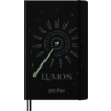 Schwarzes Harry Potter Notizbuch mit Glow-in-the-Dark-Effekt und Zauberstab-Design.