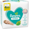 Packung mit Pampers Sensitive Feuchttüchern, zeigt das Design und die Inhaltsangaben.