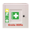Verschließbarer, eintüriger Verbandschrank mit grünem Kreuz und Aufschrift "Erste Hilfe".