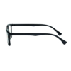 Seitenansicht einer schwarzen Lesebrille mit eckigen Gläsern und flexiblen Bügeln.