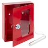 Roter Schlüsselschrank mit Glasfenster und Schlüssel, geöffnet und zur Wandmontage geeignet.