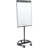 Mobiles Flipchart mit runder Basis und verstellbarem, beschreibbarem Blatt.