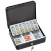Geldkassette mit offenem Deckel, Zähleinsatz für Banknoten und Münzen sichtbar.