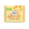 Verpackung der weiße Crisp Schokolade mit Kakaologo und Maisflingern im Hintergrund.