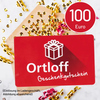 Gutschein im Wert von 100 Euro mit Geschenkbox-Design auf buntem Konfetti-Hintergrund.
