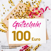 Gutschein im Wert von 100 Euro auf einem Kuvert mit goldenen und rosa Dekorationselementen.