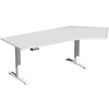 Lichtgrauer Schreibtisch mit Freiform und Höhenverstellung, rechte Seitenansicht.