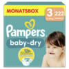 Packung mit Pampers Baby-Dry Windeln Größe 3 für Babys von 6-10 kg in Monatsbox.
