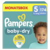 Pampers Baby-Dry Windeln in einer Monatsbox Größe 5 für Babys von 11-16 kg.