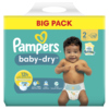 Packung mit Pampers Baby-Dry Windeln Größe 2 für Babys von 4-8 kg mit buntem Design.