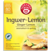 Packung mit 80 Beuteln Ingwer-Lemon-Tee, abgebildet auf gelbem Hintergrund mit Zitrusfrüchten.