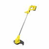 Akku-Rasentrimmer in Gelb mit langem Griff und rotierendem Schneidfaden, senkrecht stehend.