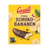 Verpackung von Schoko-Banane Minis mit Bananen und Schokolade auf gelbem Hintergrund.