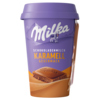 Becher mit Milka Schokoladenmilch und Karamellgeschmack in lila-blauer Verpackung.