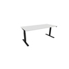 Schreibtisch mit weißer Tischplatte und schwarzem Gestell, seitliche Ansicht.