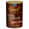 Getränkepulver mit dunkler Schokolade in einer runden Dose mit goldfarbenem Deckel.