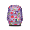 Lila Schulranzen mit Blumenmuster, Vorderansicht und einem tierischen Motiv auf der Fronttasche.