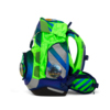 Ergonomischer Schulranzen in Neonfarben mit Reflektoren und seitlichem Zubehörfach.