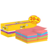Bunte Post-it Haftnotizen im Kartonspender, mit Hinweis auf 20 Stück plus 4 gratis.