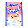 Paket mit Manner Snack Minis Waffeln in Milch Haselnuss, 300g, rosa-blaues Design.