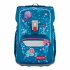 Blauer Schulranzen mit Meerjungfrau-Motiv und bunten Details, Frontansicht.