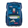 Schulranzen in Blau mit Weltraum-Motiv, Fronttasche und verschiedenen Anhängern.