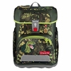 Schulranzen in Camouflage-Design mit Dinosaurier-Applikationen und reflektierenden Elementen.