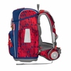 Seitenansicht eines roten und blauen Schulranzens mit ergonomischem Rückenpolster und Seitentasche.