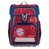 Schulranzen in Rot und Blau mit FC Bayern München-Logo und verschiedenen Fächern.