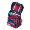 Offener Schulranzen in rot-blau mit Heften und Zubehör sichtbar, FC Bayern Design.