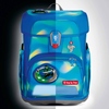 Blauer Schulranzen mit leuchtenden Effekten und abnehmbaren Applikationen im Ninja-Design.