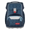 Blaue Schulranzen mit geometrischem Muster, seitlichen Taschen und ergonomischem Design.