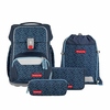 Blaue Schulranzen-Kombination mit Rucksack, Sportbeutel und Federmäppchen im geometrischen Design.