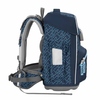 Schulranzen in Blau mit Wellenmuster, seitliche Ansicht und ergonomischem Tragesystem.