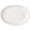 Weiße, ovale Servierplatte mit flachem Rand und glatter Oberfläche.