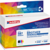 Dreiteiliges Tintenpatronen-Set in Schwarz, Cyan, Magenta und Gelb für Brother-Drucker im Karton.