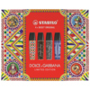Vier Textmarker in einer farbenfrohen Verpackung mit DOLCE & GABBANA Motiv.