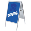 Blauer Kundenstopper mit dem Schriftzug "eingang" auf einer Seite, für doppelseitige Werbung.